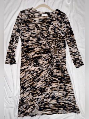 Calvin Klein Black, Beige and Cream Abstract Wrap Dress